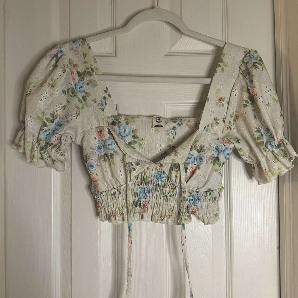 Urban Outfitters Eyelet Floral Babydoll Tie Front Crop Top